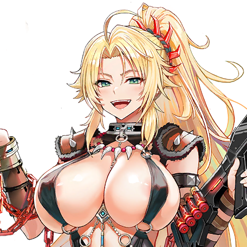 1girl ammunition areola_slip arm_guards armlet barbarian barbariana_(last_origin) black_dress blonde_hair blush breasts chain chain_around_arm cleavage collar dress female_focus forehead game_cg green_eyes gun hair_between_eyes hair_ornament hair_tuft high_ponytail holding holding_gun holding_weapon huge_breasts jewelry last_origin long_hair looking_at_viewer necklace o-ring official_art open_mouth ponytail revealing_clothes shiny_skin shoulder_pads shoulder_spikes skindentation sleeveless sleeveless_dress smile spiked_armlet spikes taesi teeth tooth_necklace transparent_background upper_body upper_teeth_only weapon