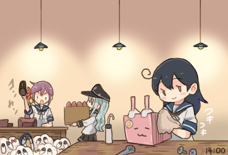 3girls ahoge akebono_(kancolle) bell black_hair black_headwear black_sailor_collar black_skirt blue_sailor_collar bolt_(hardware) failure_penguin flat_cap flower grey_hair hair_bell hair_flower hair_ornament hammer hat hibiki_(kancolle) holding holding_hammer jingle_bell kantai_collection long_hair long_sleeves miss_cloud multiple_girls pink_flower pleated_skirt purple_hair saiguchi_otoufu sailor_collar school_uniform serafuku short_sleeves side_ponytail skirt ushio_(kancolle)