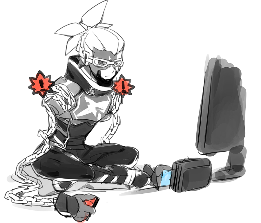 1boy arms_(game) chain controller game_console game_controller gameplay_mechanics goggles indian_style joy-con long_arms male_focus mask nekobayashi_(nekoforest) ninjara_(arms) nintendo nintendo_switch ponytail scarf simple_background sitting solo spot_color television unamused white_background