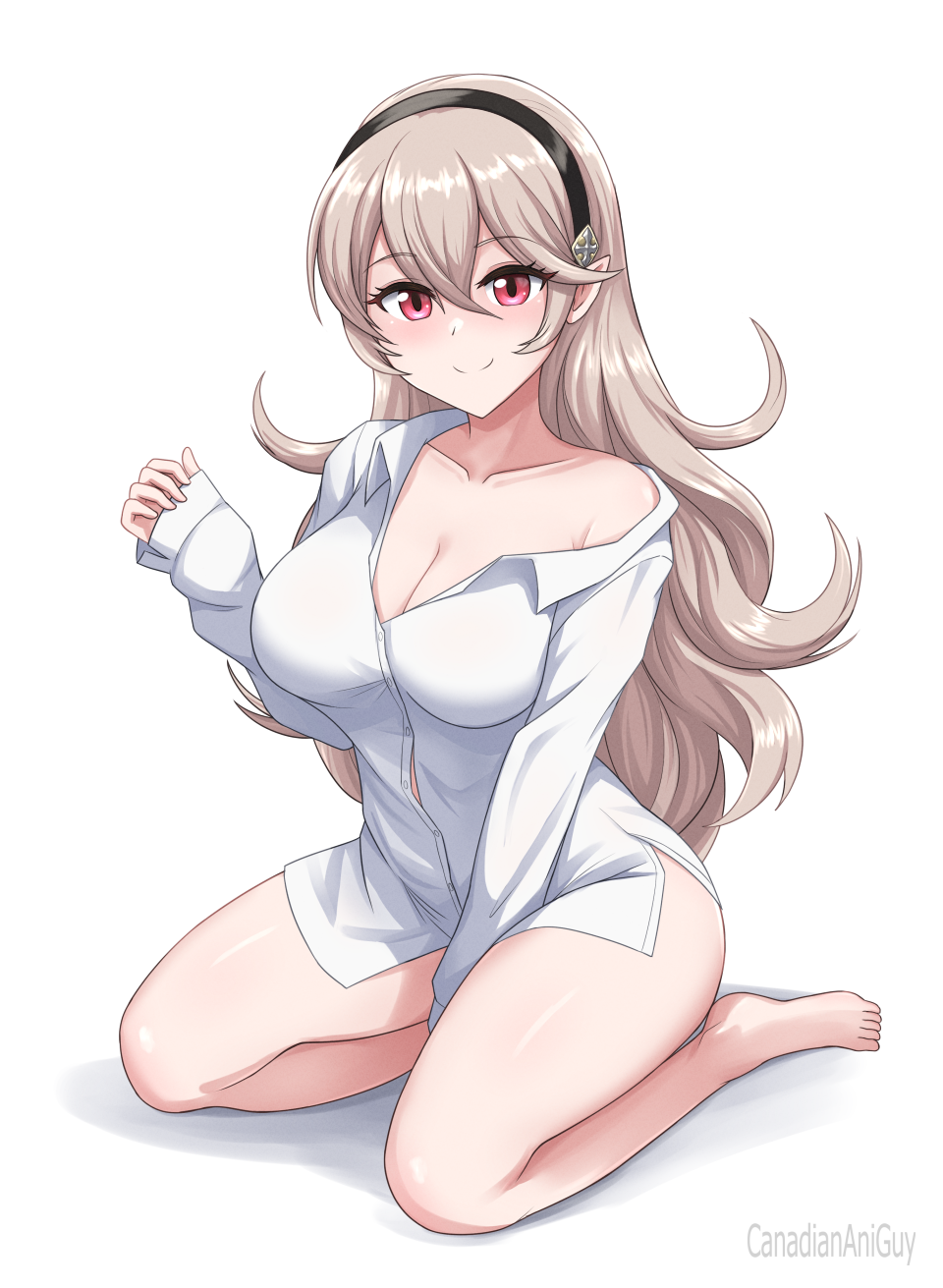 1girl bare_legs bare_shoulders barefoot black_hairband blush breasts canadiananiguy cleavage closed_mouth collarbone commentary english_commentary female_corrin_(fire_emblem) fire_emblem fire_emblem_fates grey_hair hair_between_eyes hair_ornament hairband highres kneeling large_breasts long_hair looking_at_viewer naked_shirt nintendo no_bra no_panties no_pants off_shoulder pointy_ears red_eyes shirt simple_background single_bare_shoulder smile solo white_hair white_shirt
