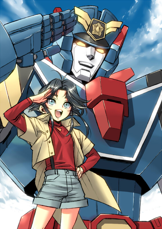 1990s_(style) 1boy black_hair blue_eyes deckerd happy male_focus mecha open_mouth outdoors retro_artstyle robot salute sky solo suspenders teeth tomonaga_yuuta yorozu yuusha_keisatsu_j-decker yuusha_series