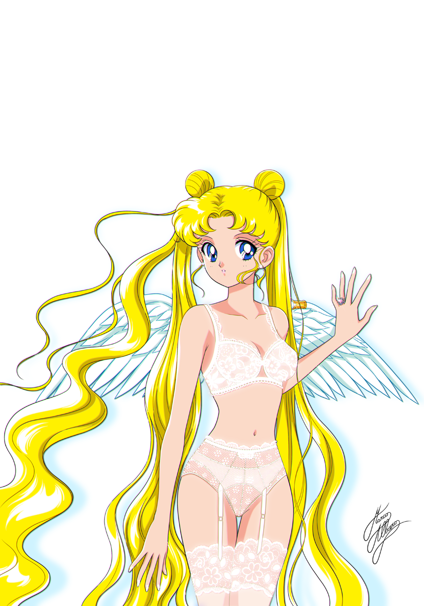 1girl bishoujo_senshi_sailor_moon blonde_hair blue_eyes bra garter_belt garter_straps jewelry lace lace-trimmed_legwear lace_bra lace_panties lace_trim lingerie long_hair marco_albiero navel panties ring see-through_clothes signature solo thighhighs tsukino_usagi underwear underwear_only very_long_hair white_bra white_panties wings