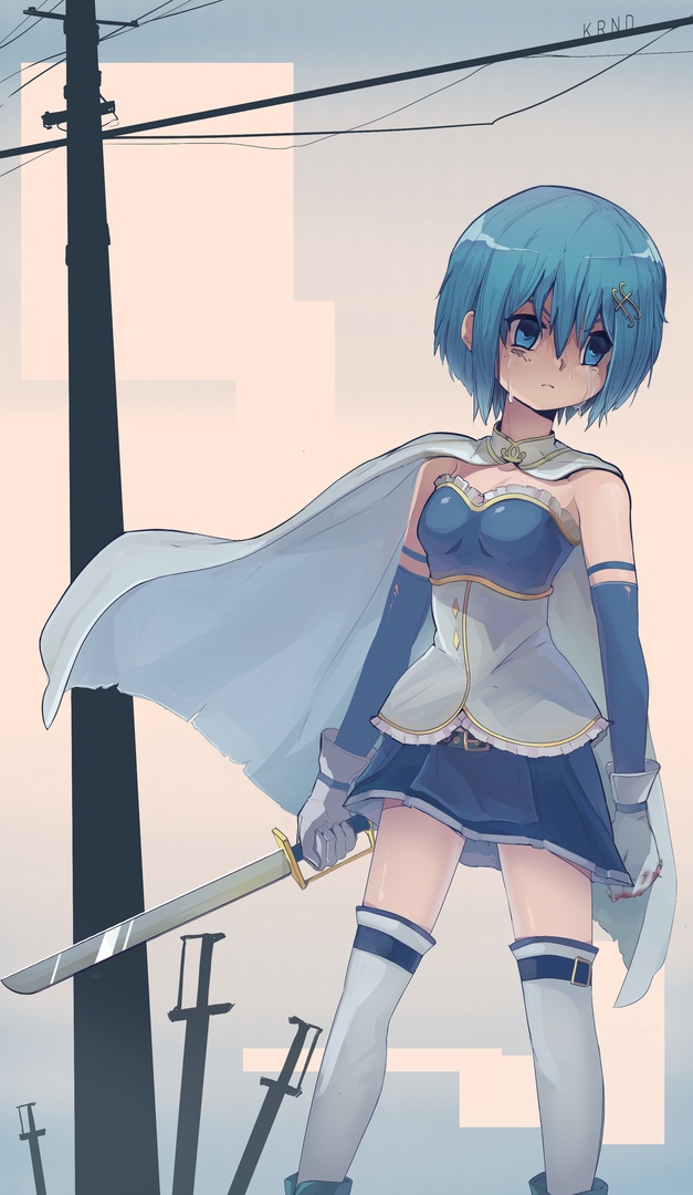 1girl blue_eyes cape fortissimo gloves hair_ornament holding holding_sword holding_weapon kornod magical_girl mahou_shoujo_madoka_magica medium_hair miki_sayaka miki_sayaka_(magical_girl) musical_note musical_note_hair_ornament planted planted_sword planted_weapon power_lines saber_(weapon) solo sword tears thighhighs unsheathed utility_pole weapon white_cape white_gloves white_thighhighs