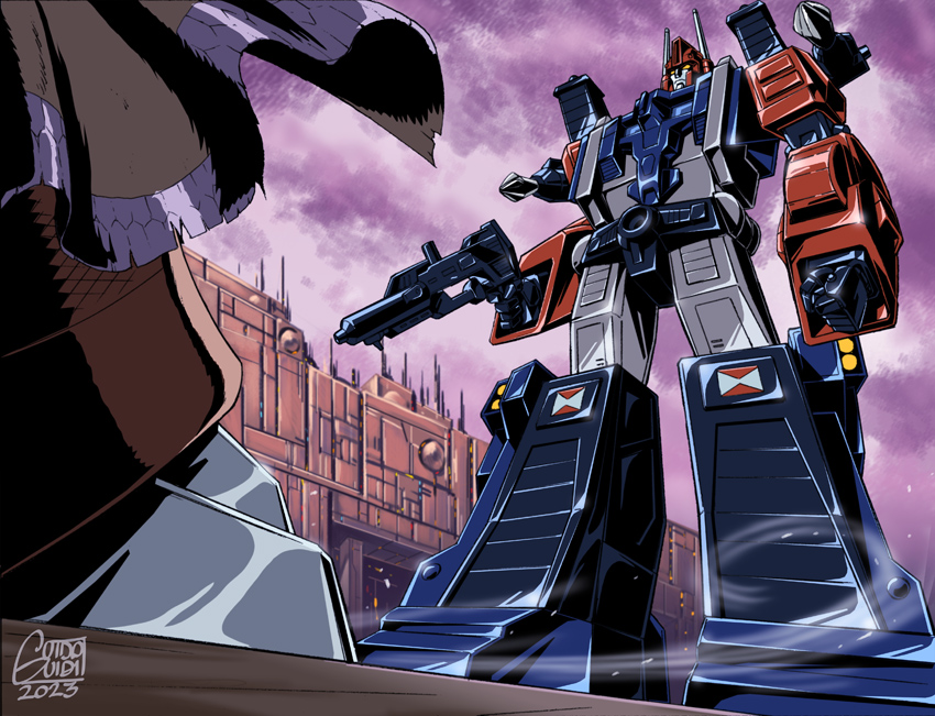 autobot clenched_hand cloud cloudy_sky delta_magnus guido_guidi gun holding holding_gun holding_weapon kiloton_(transformers) mecha orange_eyes robot sky solo_focus transformers transformers_victory weapon