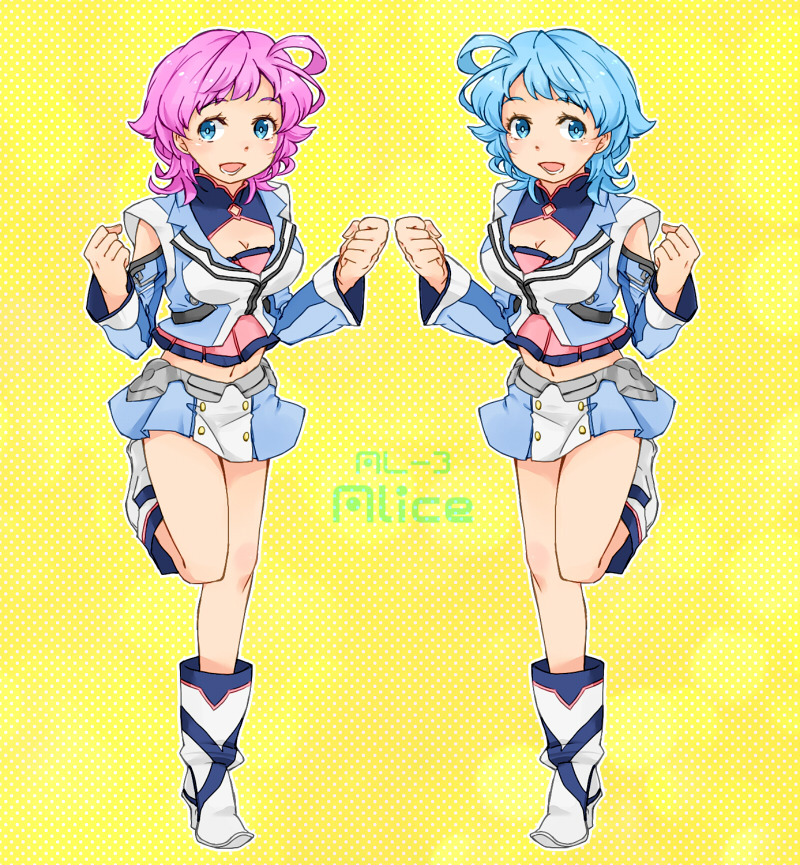 2girls :d akimoto_(akimomomoto) al-3_alice antenna_hair bad_id bad_pixiv_id blue_eyes blue_hair boots character_name cleavage_cutout clothing_cutout commentary_request crop_top dual_persona full_body midriff multiple_girls navel open_mouth pink_hair polka_dot polka_dot_background short_hair shoulder_cutout smile standing standing_on_one_leg stomach super_robot_wars super_robot_wars_l yellow_background