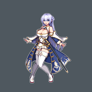 1girl azur_lane bare_shoulders blue_coat boots breasts cleavage coat dress full_body grey_background large_breasts lowres pixel_art purple_eyes purple_hair rodney_(azur_lane) sheath sheathed shord_dress simple_background solo sword tsukikawa_(yangsankomei) weapon white_boots white_dress