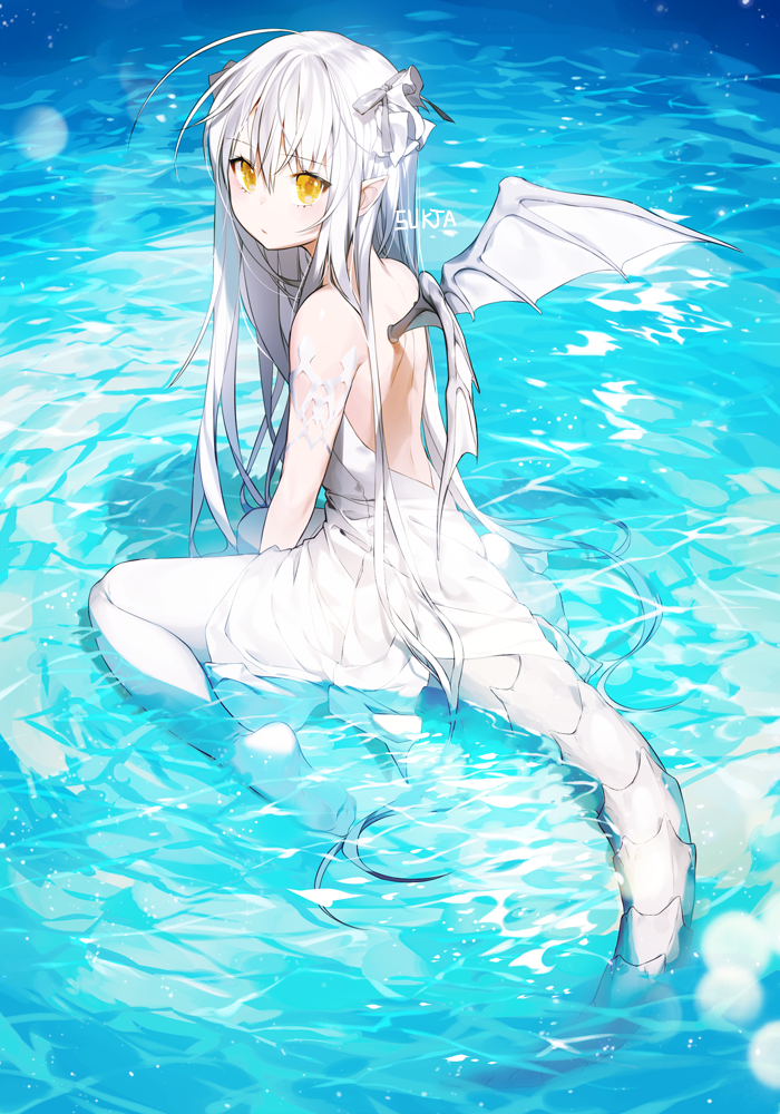 1girl armlet artist_name back backless_dress backless_outfit bare_shoulders blue_theme dragon_girl dragon_tail dragon_wings dress expressionless female_focus from_behind hair_ribbon jewelry long_hair looking_at_viewer looking_back no_shoes off-shoulder_dress off_shoulder original pantyhose partially_submerged pointy_ears ribbon sitting sitting_on_water solo strapless strapless_dress sukja tail very_long_hair wariza water white_dress white_hair white_pantyhose white_wings wings yellow_eyes