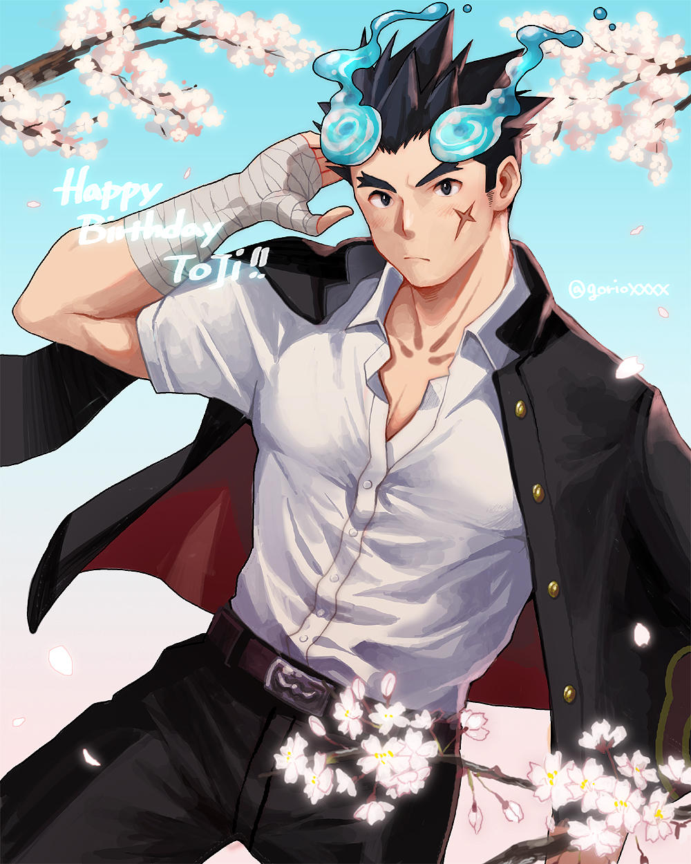 1boy arm_behind_head bandaged_hand bandages belt belt_buckle black_eyes black_hair black_jacket black_pants blue_fire brown_belt buckle cherry_blossoms closed_mouth collarbone collared_shirt cross_scar english_text facial_scar falling_petals fiery_horns fire forked_eyebrows gakuran gorioxxxx hair_slicked_back happy_birthday highres horns jacket jacket_on_shoulders light_blush looking_at_viewer male_focus pants partially_unbuttoned petals sakimori_toji scar scar_on_cheek scar_on_face school_uniform shirt short_hair solo spiked_hair thick_eyebrows tokyo_houkago_summoners twitter_username upper_body v-shaped_eyebrows white_shirt