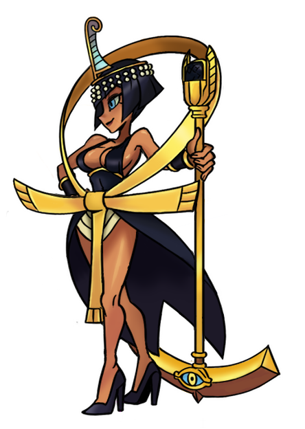 1girl alex_ahad_(style) ancient_egyptian ankh black_dress black_hair blue_eyes bob_cut breasts colorized dark-skinned_female dark_skin dress eliza_(skullgirls) female_focus high_heels kinuko_(kinucakes) lab_zero_games lipstick makeup official_art scythe short_hair showgirl_skirt skullgirls solo staff tiara