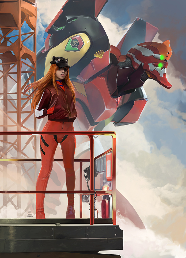 1girl animal_hat black_bodysuit black_hat bodysuit bodysuit_under_clothes cat_hat clayscence cloud commentary english_commentary evangelion:_3.0_you_can_(not)_redo evangelion_(mecha) eyepatch hand_in_pocket hat jacket long_hair looking_at_viewer mecha mecha_pilot_suit multicolored_jacket neon_genesis_evangelion orange_hair outdoors plugsuit_(evangelion) rebuild_of_evangelion red_bodysuit red_jacket robot science_fiction shaded_face skin_tight solo souryuu_asuka_langley two-tone_bodysuit two-tone_jacket white_jacket