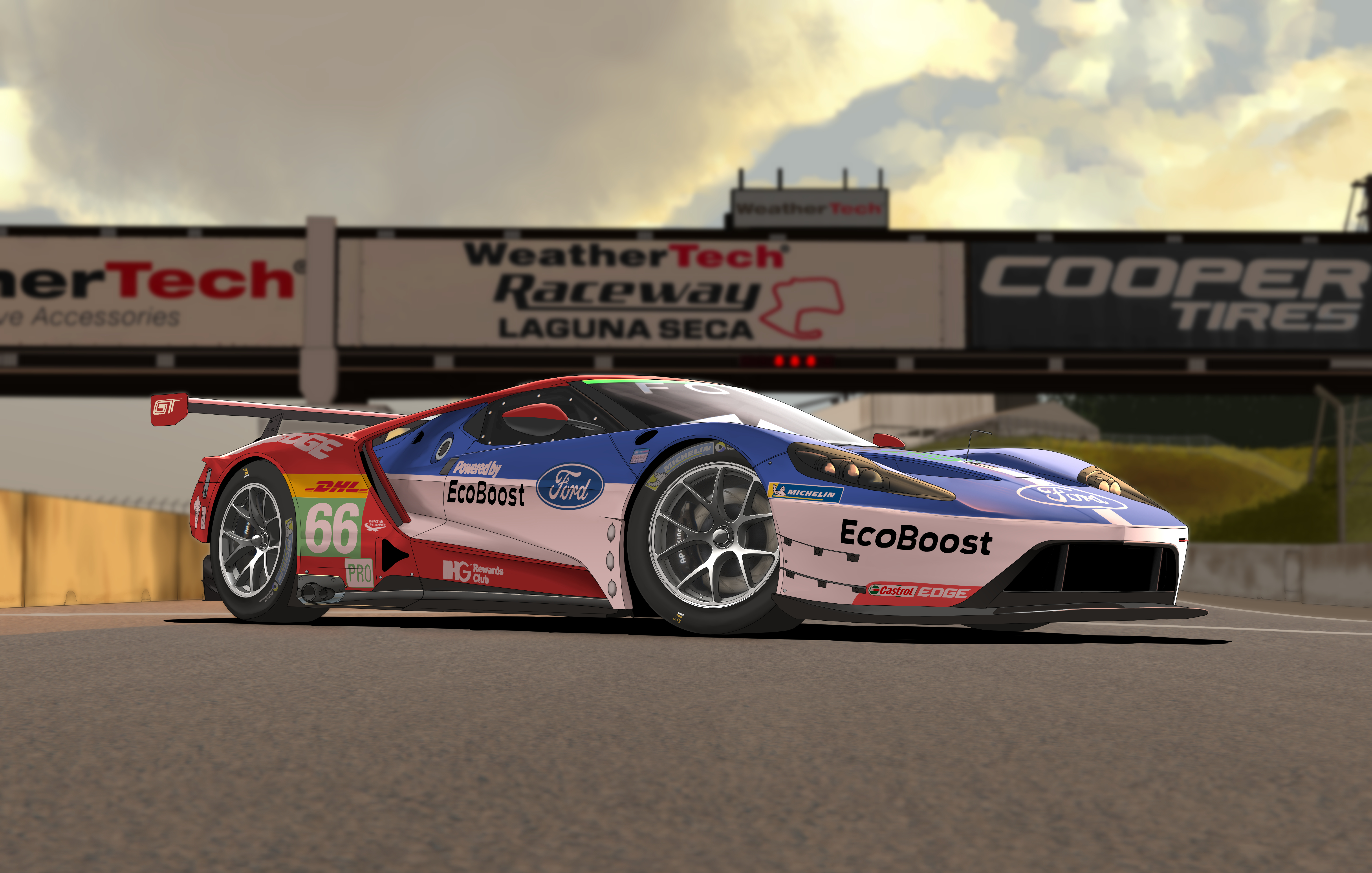 absurdres amoemo blue_sky blurry blurry_background car cloud cloudy_sky commentary depth_of_field english_commentary evening ford ford_gt highres jersey_barrier laguna_seca_raceway motor_vehicle no_humans original outdoors race_vehicle racecar real_world_location road shadow sky sponsor vehicle_focus