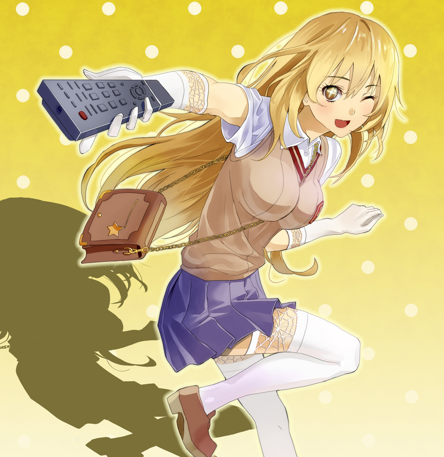 +_+ 1girl bad_id bad_pixiv_id blonde_hair controller elbow_gloves fujimo_ruru gloves long_hair md5_mismatch one_eye_closed remote_control resolution_mismatch school_uniform shokuhou_misaki thighhighs toaru_kagaku_no_railgun toaru_majutsu_no_index wink yellow_eyes
