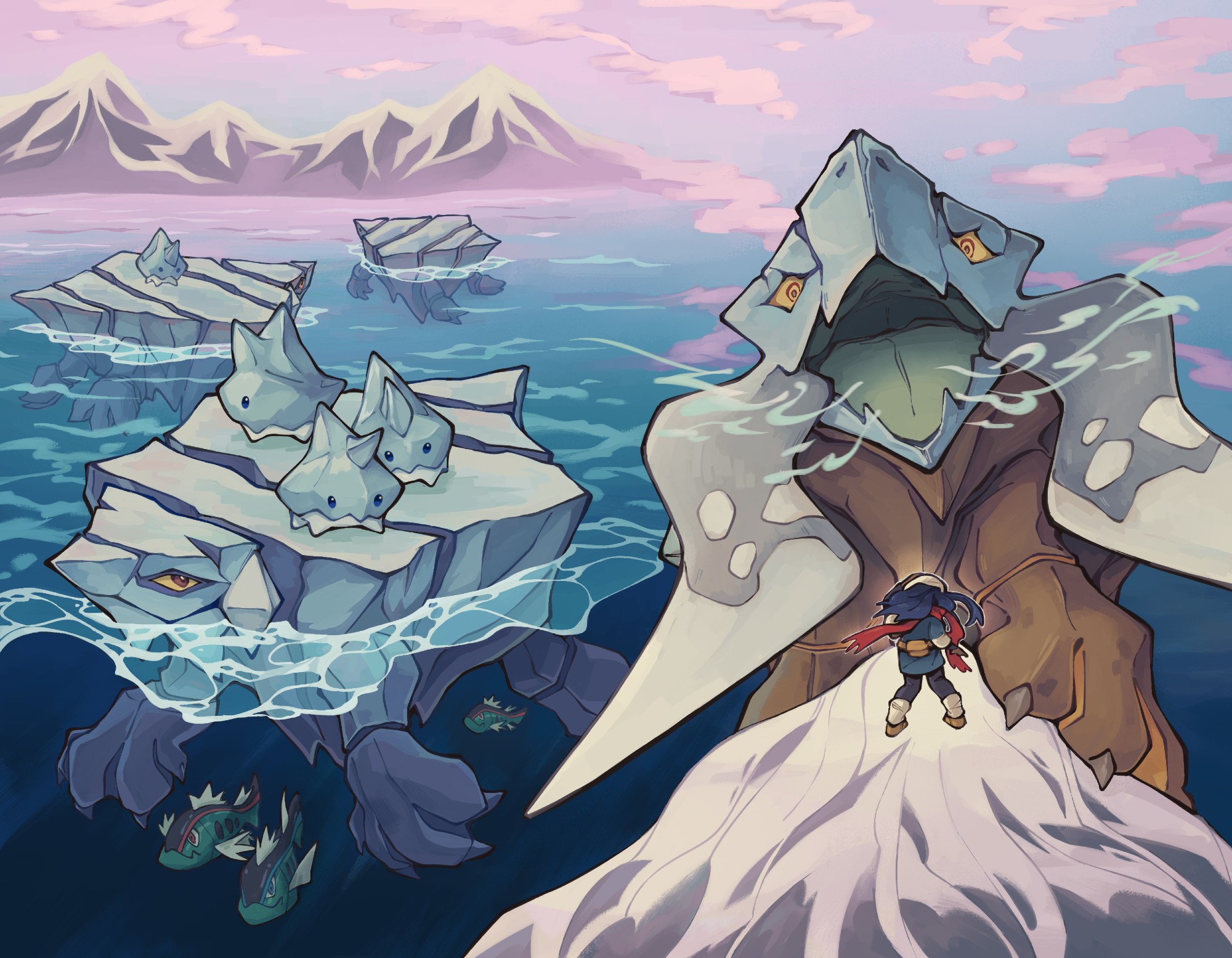 1girl afloat akari_(pokemon) avalugg basculin basculin_(blue) basculin_(red) bergmite blue_hair claws commentary english_commentary fangs gen_5_pokemon gen_6_pokemon highres hisuian_avalugg in-universe_location knees_together_feet_apart lake long_hair nintendo open_mouth outdoors pokemon pokemon_(creature) pokemon_legends:_arceus skin_fangs standing trustyalt water yellow_eyes yellow_pupils