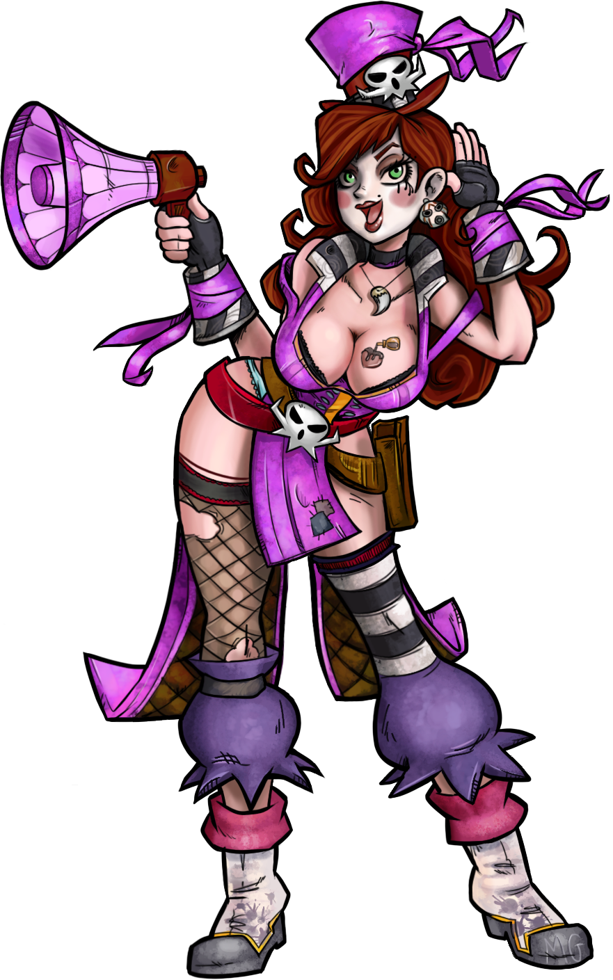 1girl ankle_boots asymmetrical_legwear belt belt_buckle blush_stickers boots borderlands_(series) borderlands_2 bra breast_tattoo breasts brown_hair buckle captain_syrup choker cleavage corset curly_hair eyelashes facepaint female_focus fingerless_gloves fishnet_thighhighs fishnets full_body fusion gloves green_eyes hat highres holster jewelry large_breasts leaning_forward long_hair mad_moxxi mario_(series) mario_grant megaphone mini_hat mini_top_hat mismatched_legwear necklace nintendo panties skull solo tattoo thigh_holster thighhighs tooth_necklace top_hat torn_clothes torn_thighhighs transparent_background underwear wario_land wario_land:_shake_it!
