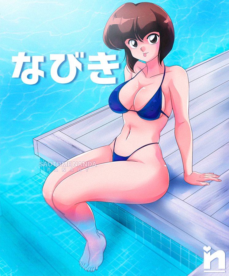 1girl artist_logo ass barefoot bikini bob_cut breasts brown_eyes brown_hair curvy large_breasts legs_together logo looking_at_viewer navel ranma_1/2 saotome_nanda shiny_skin sitting skin_tight smile solo swimsuit tendou_nabiki thick_thighs thighs thong thong_bikini tongue tongue_out translation_request water watermark