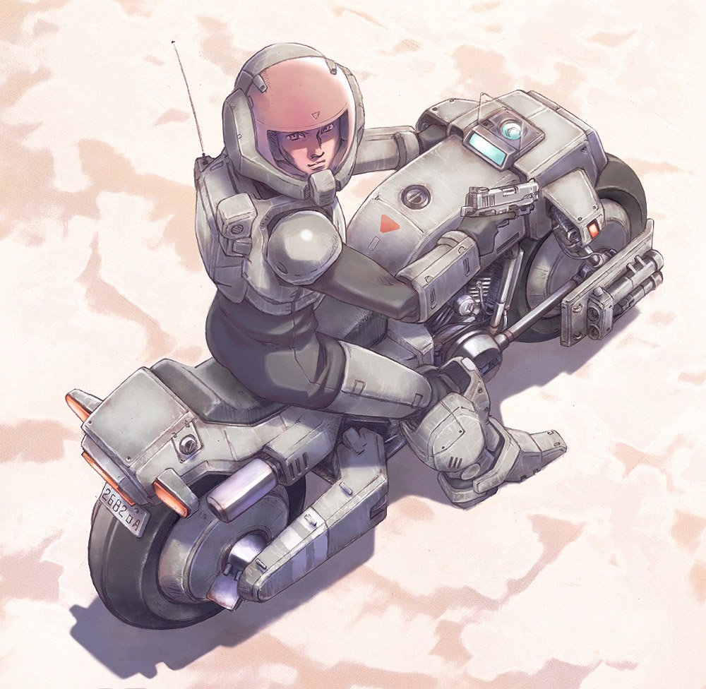 1980s_(style) 1boy antennae armor bodysuit desert gun handgun helmet kikou_souseiki_mospeada m1911 mecha military military_uniform missile mospeada mospeada_(mecha) motor_vehicle motorcycle nyaou oldschool pilot_suit pistol power_armor realistic retro_artstyle robot sand science_fiction soldier spacesuit stick_bernard vehicle weapon