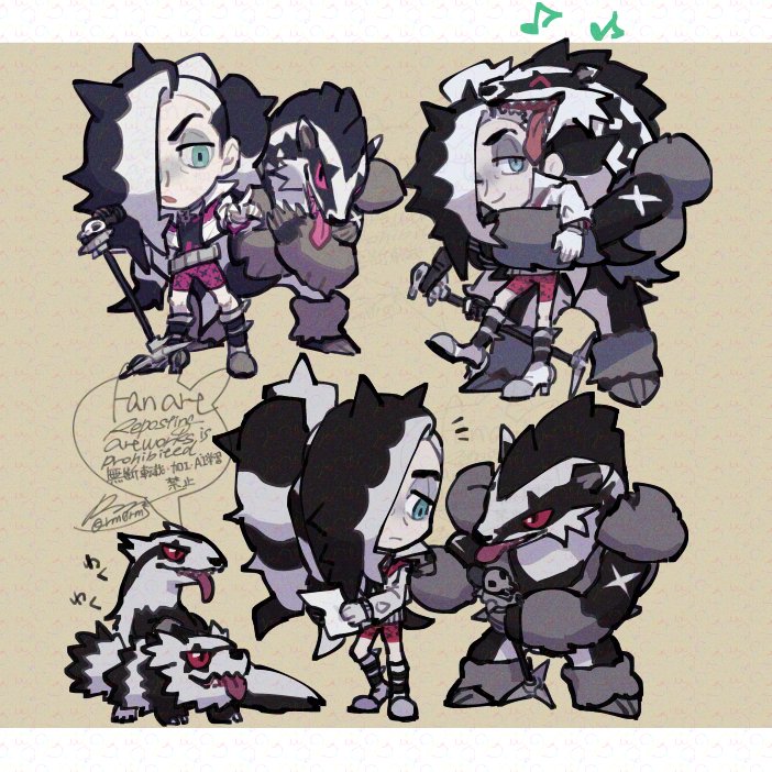 1boy ;) bike_shorts black_hair boots chibi closed_mouth commentary_request evolutionary_line eyeshadow galarian_form galarian_linoone galarian_zigzagoon gen_8_pokemon green_eyes grey_eyeshadow hair_over_one_eye jacket knees long_hair makeup male_focus microphone_stand multicolored_hair multiple_views musical_note nintendo notice_lines obstagoon one_eye_closed open_clothes open_jacket open_mouth piers_(pokemon) pointing pokemon pokemon_(creature) pokemon_swsh sagemaru-br shirt signature smile standing two-tone_hair white_hair white_jacket
