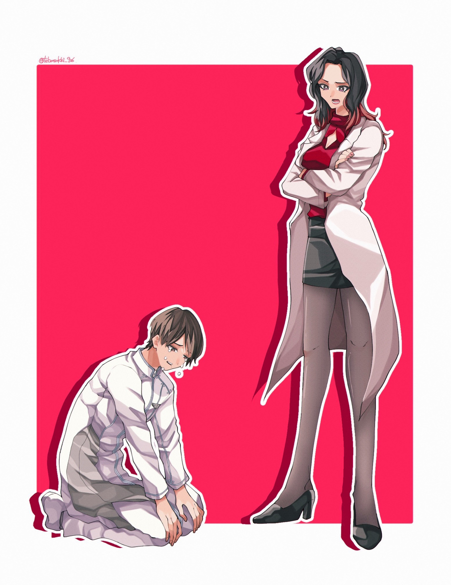 1girl black_hair black_pantyhose coat doctor high_heels highres kamen_rider kamen_rider_revice long_hair mikoshiba_akemi open_clothes open_coat pantyhose red_eyes red_shirt shirt tight_skirt white_coat