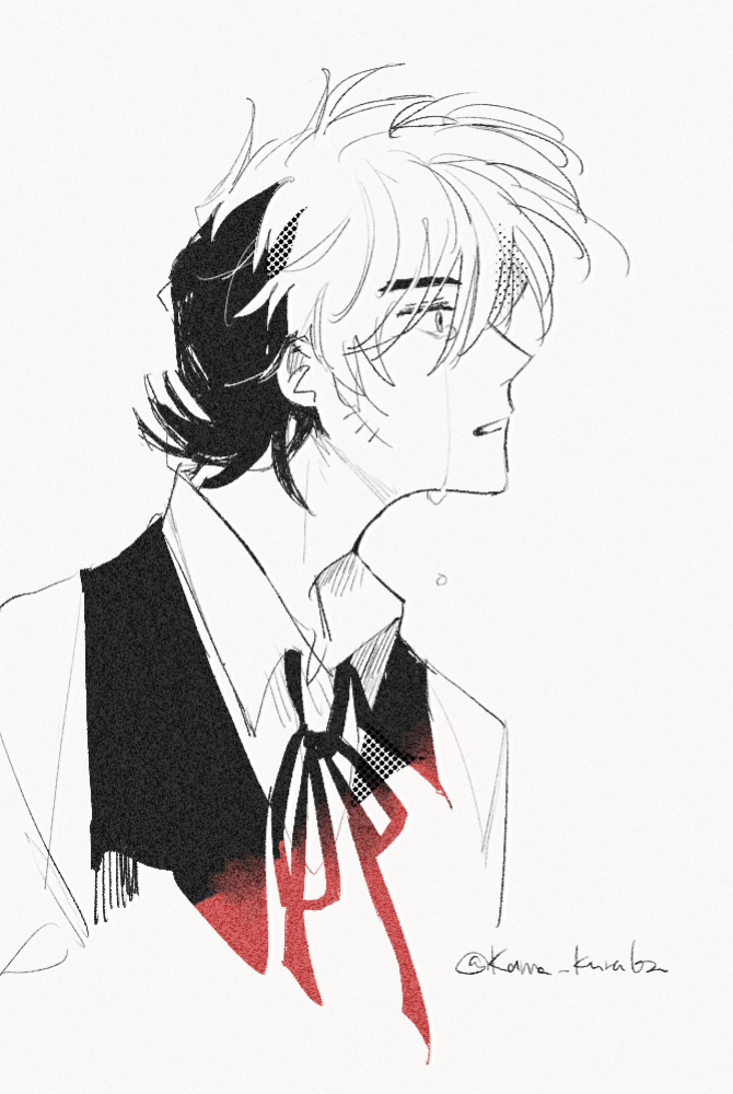 1boy artist_name bad_id bad_pixiv_id black_jack_(character) black_jack_(series) collared_shirt crying crying_with_eyes_open facial_scar kamakura_(umi_146) looking_afar male_focus multicolored_hair neck_ribbon parted_lips ribbon scar scar_on_cheek scar_on_face shirt short_hair simple_background solo spot_color tears twitter_username two-tone_hair upper_body vest wing_collar