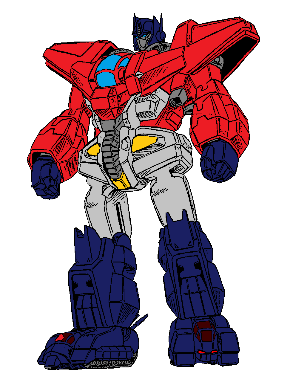 1boy blue_eyes choujuu_kishin_dancouga clenched_hands crossover dancouga dancouga_(series) full_body highres machine machinery mecha mecha_focus no_humans optimus_prime robot science_fiction shinobufujiwara solo super_robot transformers transformers:_generation_1
