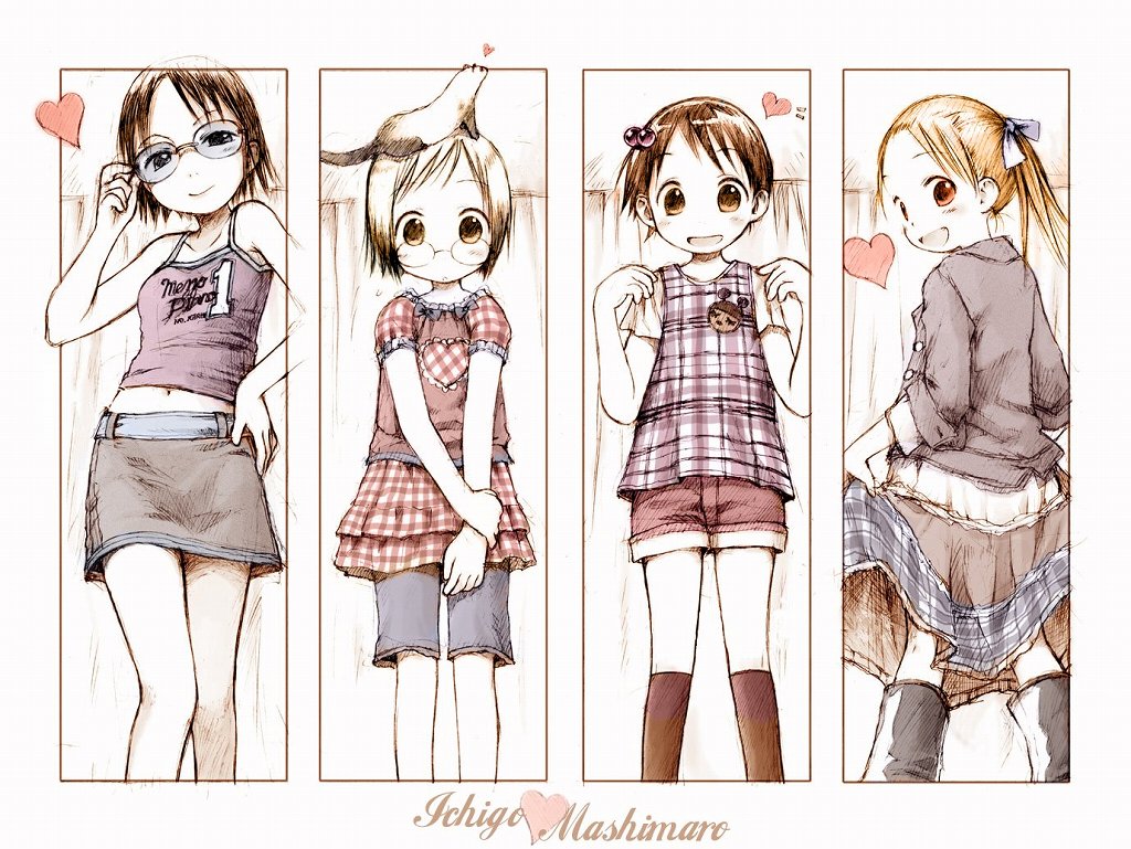 4girls adjusting_eyewear barasui belt black_legwear blonde_hair blush boots brown_eyes brown_hair camisole child clothes_lift copyright_name dress english_text glasses hair_bobbles hair_ornament heart holding_own_wrist ichigo_mashimaro itou_chika itou_nobue jacket john looking_at_viewer looking_back matsuoka_miu multicolored_hair multiple_girls object_on_head pinafore_dress plaid rubber_boots sakuragi_matsuri shirt_lift short_hair short_sleeves shorts siblings sisters sleeveless_dress smile spoken_heart standing twintails