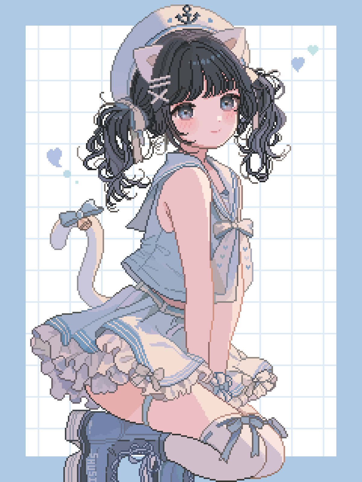 1girl animal_ears bare_shoulders bell black_hair blue_boots blue_border blue_ribbon blue_shirt blush boots border bow bowtie cat_ears cat_girl cat_tail closed_mouth commentary feet_out_of_frame frilled_skirt frills grid_background hair_ribbon hat heart highres lace-up_boots looking_at_viewer medium_hair original outside_border pixel_art ribbon ribbon-trimmed_thighhighs ribbon_trim sailor_collar sailor_hat shirt shusi_(6muuu3) skirt sleeveless sleeveless_shirt smile solo tail tail_bell tail_ornament tail_ribbon thighhighs twintails white_background white_bow white_bowtie white_hat white_ribbon white_sailor_collar white_skirt white_thighhighs
