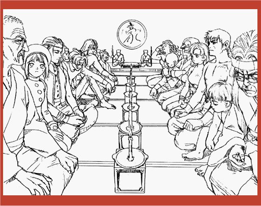 4girls 6+boys angela_belti annie_hamilton atlus border goketsuji_oshima gouketsuji_ichizoku gouketsuji_oshima gouketsuji_oume greyscale hananokouji_kurara hattori_saizo hattori_saizou keith_wayne kokuin_kanji kokuin_kinta kokuin_kintaro kokuuin_kanji kokuuin_kintarou monochrome multiple_boys multiple_girls murata_range official_art ooyama_reiji red_border sahad_asran_ryuto thin-nen thin_nen white_buffalo