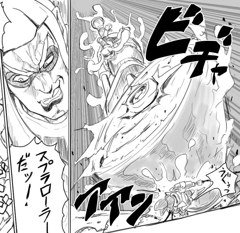 1boy 1girl araki_hirohiko_(style) aura comic_panel_redraw derivative_work dio_brando greyscale inkling inkling_boy inkling_girl inkling_player_character jojo_no_kimyou_na_bouken kabeu_mariko man_face monochrome nintendo paint_roller parody road_roller_da!_(meme) splat_roller_(splatoon) splatoon_(series) splatoon_1 style_parody super_soaker tentacle_hair