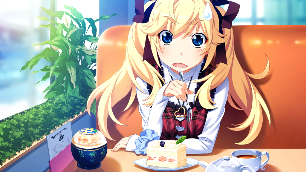 1girl arm_rest black_ribbon blonde_hair blue_eyes blue_scrunchie blush booth_seating cake comedic_sweatdrop cup day dress elbow_rest eyeliner fang food fork game_cg grisaia_(series) grisaia_no_meikyuu hair_ribbon heart heart_necklace holding holding_fork indoors jewelry large_variant_set long_hair long_sleeves looking_at_viewer makeup menu necklace non-web_source on_chair open_mouth plaid_clothes plaid_dress plant plate red_dress red_eyeliner restaurant ribbon scrunchie shirt sitting sleeveless sleeveless_dress sleeves_past_wrists solo strawberry_cake table tea teacup teapot turtleneck turtleneck_shirt twintails variant_set watanabe_akio white_shirt wind wrist_scrunchie