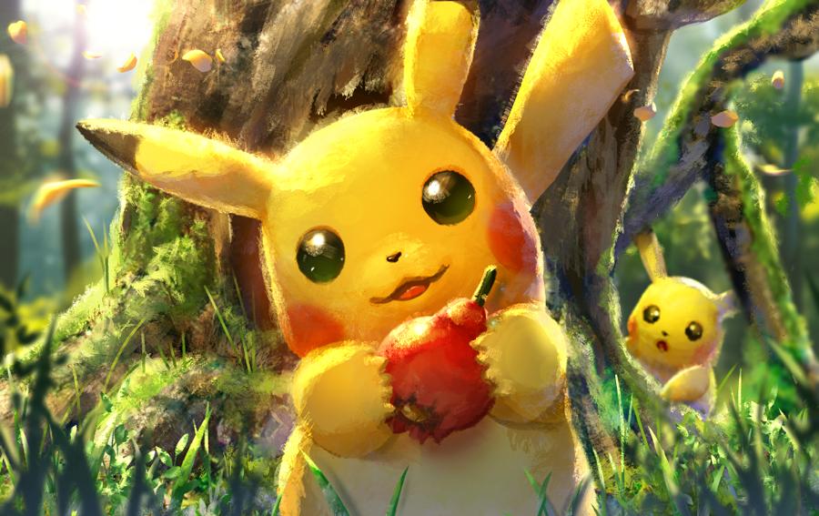 :3 animal_focus berry_(pokemon) black_eyes blurry blurry_background blush_stickers day ekm food fruit gen_1_pokemon grass happy head_tilt holding holding_food holding_fruit looking_at_another looking_at_viewer moss nintendo no_humans open_mouth outdoors petals pikachu pokemon pokemon_(creature) pomeg_berry smile solo_focus standing straight-on tree upper_body