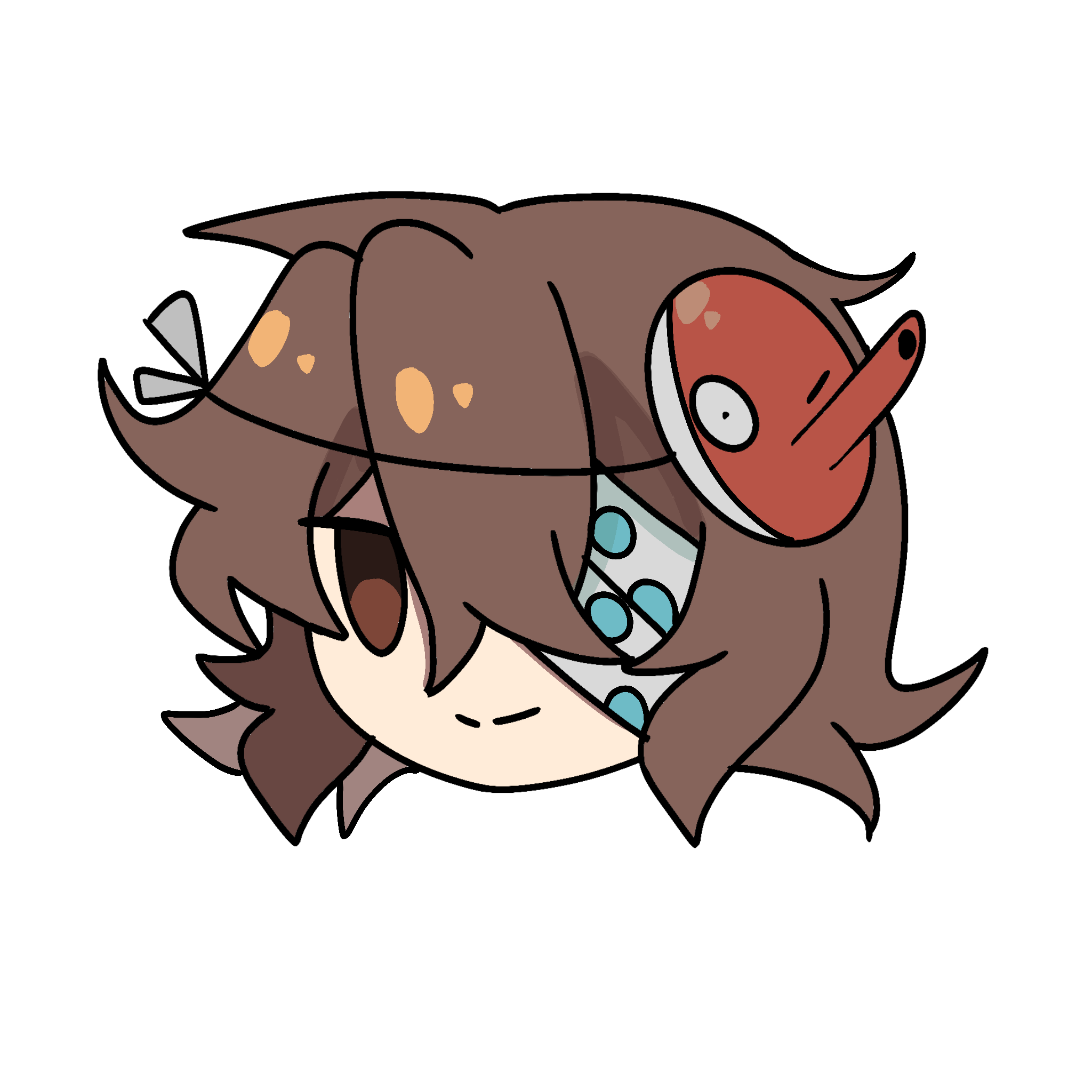1other ametsukana_yago androgynous anime_coloring bandage_over_one_eye brown_eyes brown_hair closed_mouth grey_ribbon guhai2023 hair_between_eyes hair_ribbon head_only highres len&#039;en mask mask_on_head noh_mask other_focus red_mask ribbon short_hair smile soldier solo transparent_background