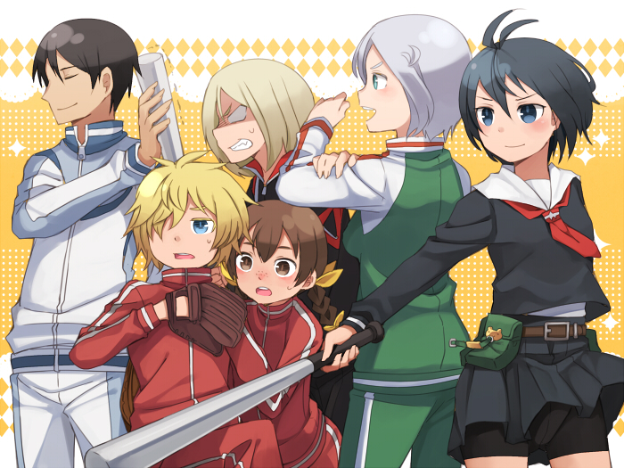 00s 3boys 3girls ahoge angry baseball_bat baseball_glove belt blonde_hair blue_eyes braid brown_eyes character_request closed_eyes gakuen_kino group_picture group_profile hair_ribbon itou_(mogura) kino_(kino_no_tabi) kino_no_tabi lineup multiple_boys multiple_girls open_mouth profile ribbon school_uniform shizu_(kino_no_tabi) shorts smile sweatdrop teeth track_suit twin_braids twintails white_hair