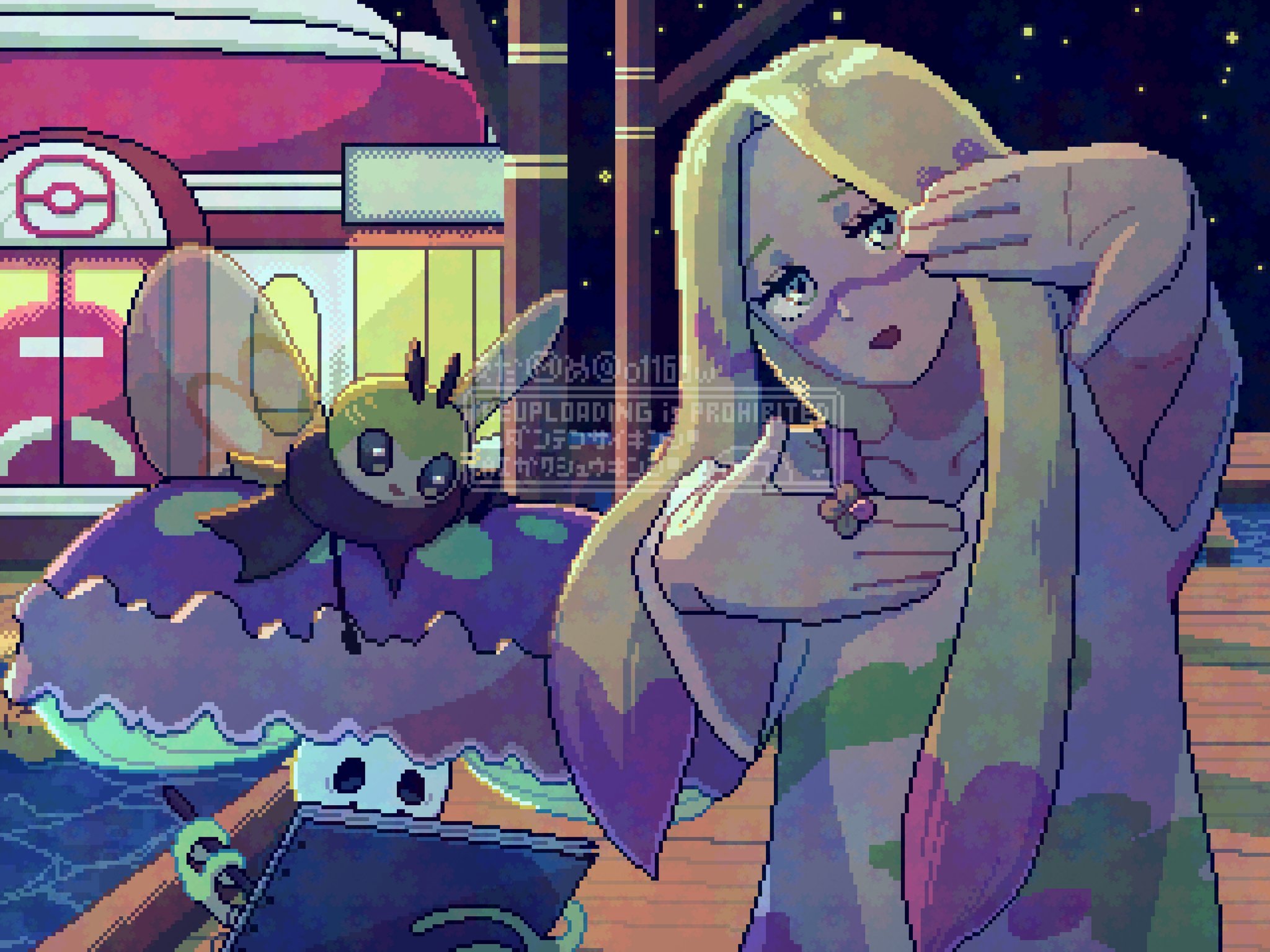 1girl :d blonde_hair blue_eyes building collarbone colored_tips facepaint finger_frame gen_7_pokemon head_tilt highres in-universe_location long_hair looking_at_viewer mina_(pokemon) multicolored_hair night night_sky nintendo o1168w open_mouth outdoors pink_hair pixel_art pokemon pokemon_(creature) pokemon_sm ribombee shiinotic sketchbook sky smile star_(sky) starry_sky two-tone_hair water