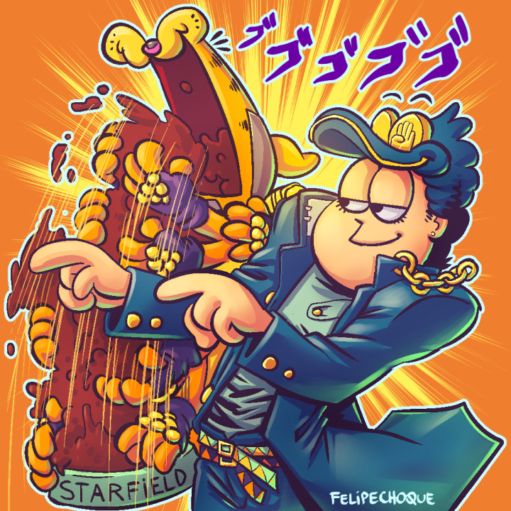 2boys belt chain cosplay eating felipe_choque food pet_bowl gakuran garfield hat jim_davis_(style) jojo_no_kimyou_na_bouken jon_arbuckle kuujou_joutarou kuujou_joutarou_(cosplay) male_focus multiple_belts multiple_boys parody pointing pointing_to_the_side school_uniform smile sound_effects stand_(jojo) standing star_platinum