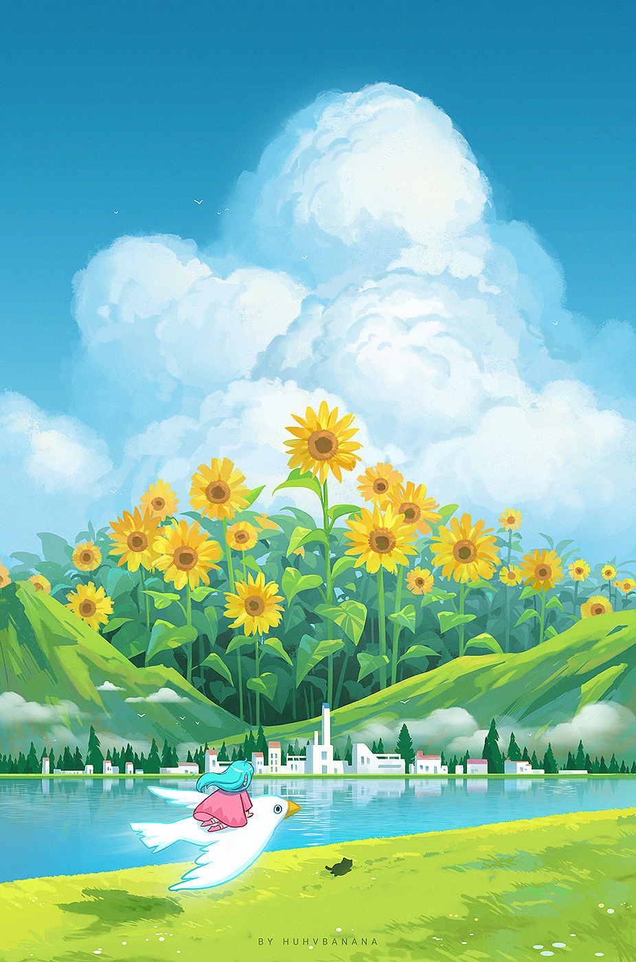 1girl animal aqua_hair artist_name bird black_cat blue_sky building cat cloud cloudy_sky commentary_request day dress fir_tree floating_clothes floating_hair flower fog from_behind grass highres hill huhv. lake long_hair long_sleeves no_shoes original outdoors oversized_animal oversized_plant pink_dress pink_socks reflection reflective_water riding riding_bird scenery shadow sky socks solo straight_hair sunflower sunlight town tree very_wide_shot water white_bird wind