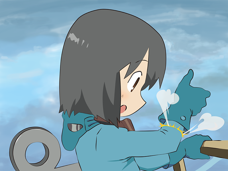 1980s_(style) 1girl :o black_eyes black_hair cosplay dotechin female_focus gloves kaze_no_tani_no_nausicaa nausicaa nausicaa_(cosplay) nichijou oldschool open_mouth parody pun retro_artstyle shinonome_nano short_hair sky smoke solo thumbs_up winding_key