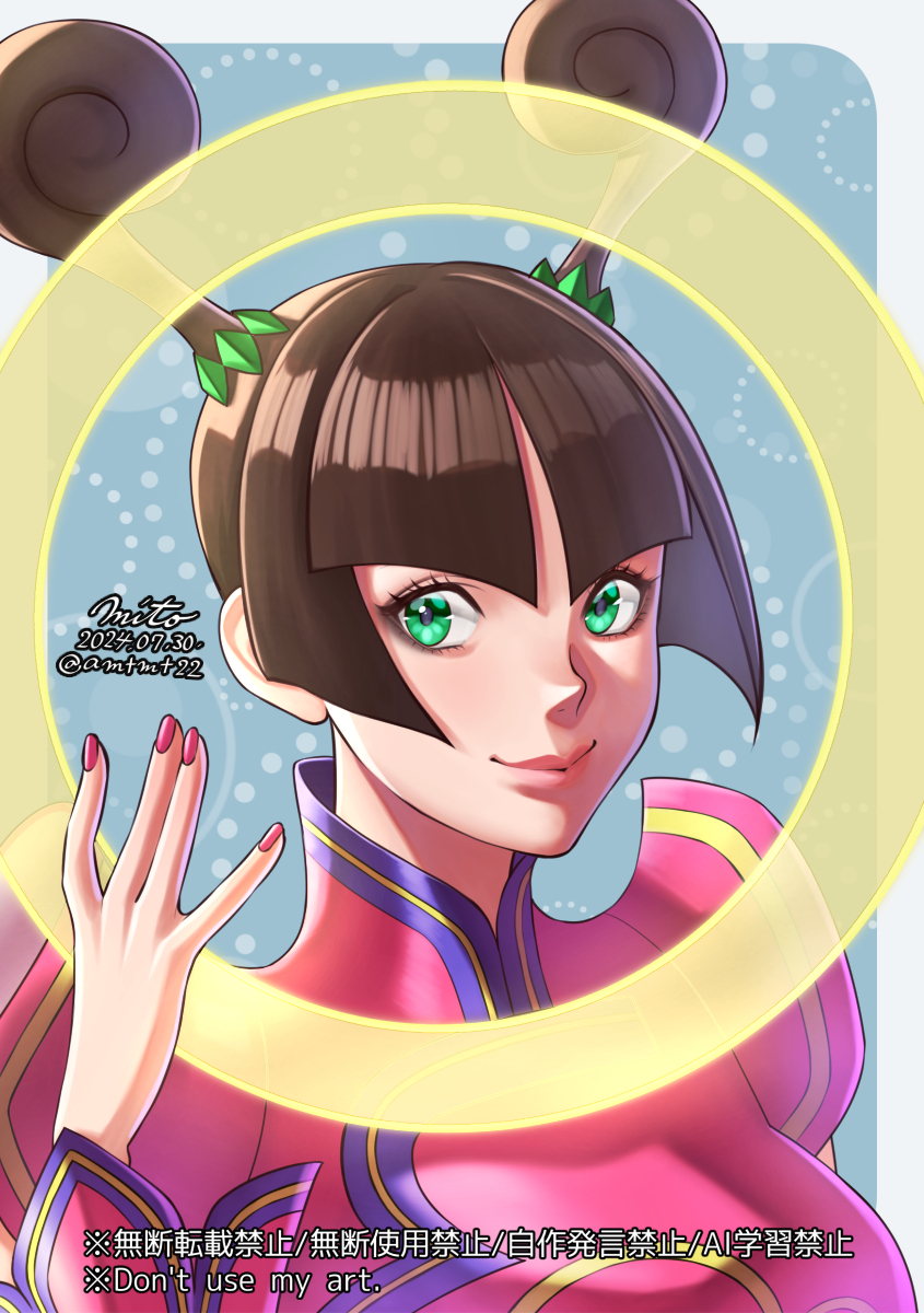 1girl artist_name breasts brown_hair capcom chinese_clothes dated green_eyes highres june_lin_milliam large_breasts looking_at_viewer pink_lips smile solo star_gladiator twintails