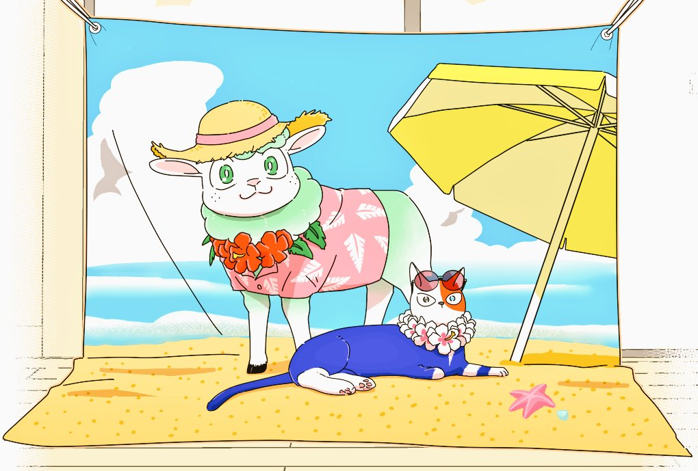 beach_hat beach_umbrella betsu_aka2 boku_no_hero_academia cat dekusheep freckles hawaiian_shirt midoriya_izuku sheep shirt shounen_jump shoutocat taking_picture todoroki_shouto umbrella vacation