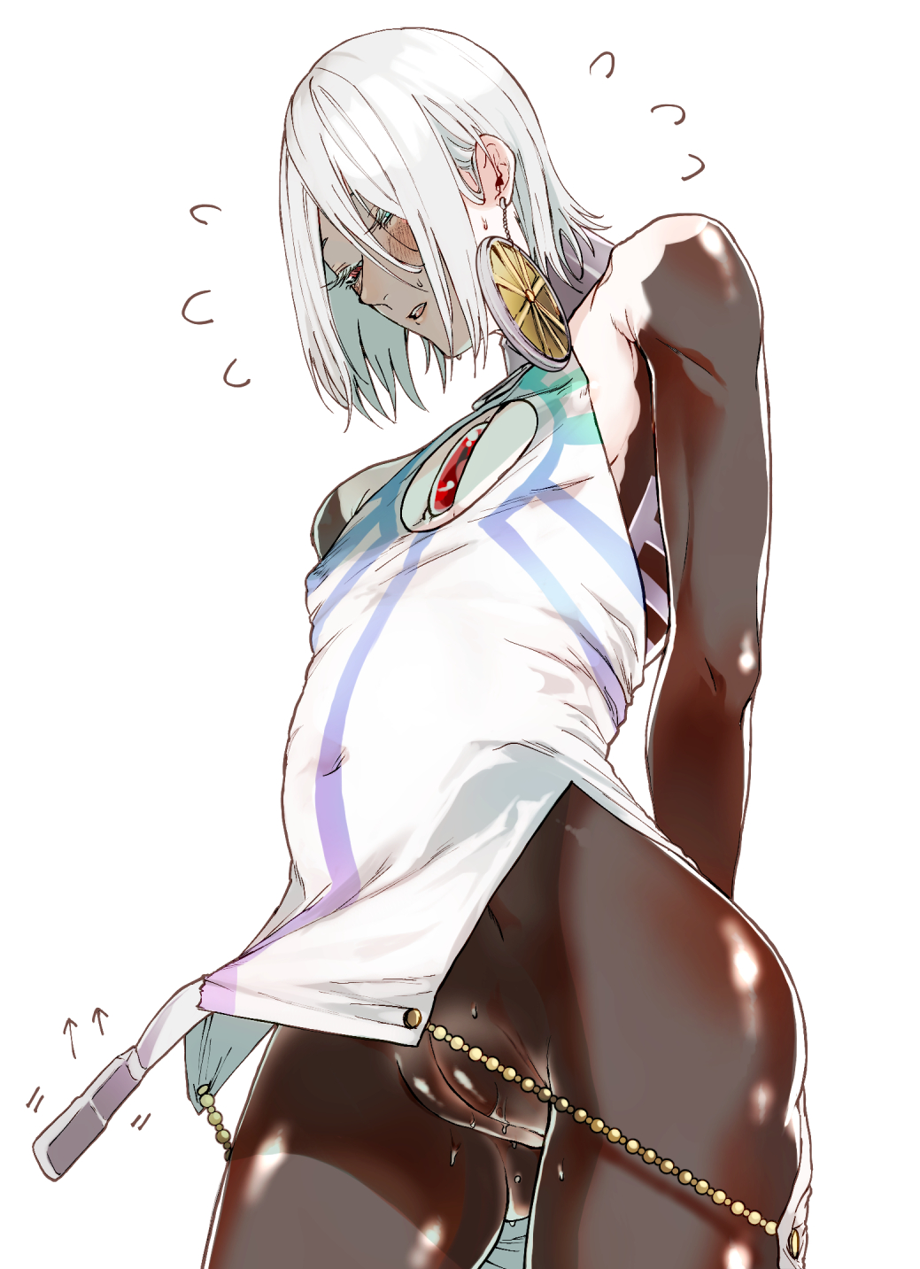1boy androgynous armpit_crease arms_behind_back blue_eyes blush colored_eyelashes covered_erect_nipples covered_navel earrings fate/grand_order fate_(series) from_below gluteal_fold hair_between_eyes heterochromia highres jewelry karna_(brahma&#039;s_god_brace)_(fate) karna_(fate) male_focus parted_lips pectorals pussy pussy_juice red_eyes reverse_newhalf shiny_skin short_hair skinny sleeveless sm solo sweat sweatdrop thighs white_background white_hair