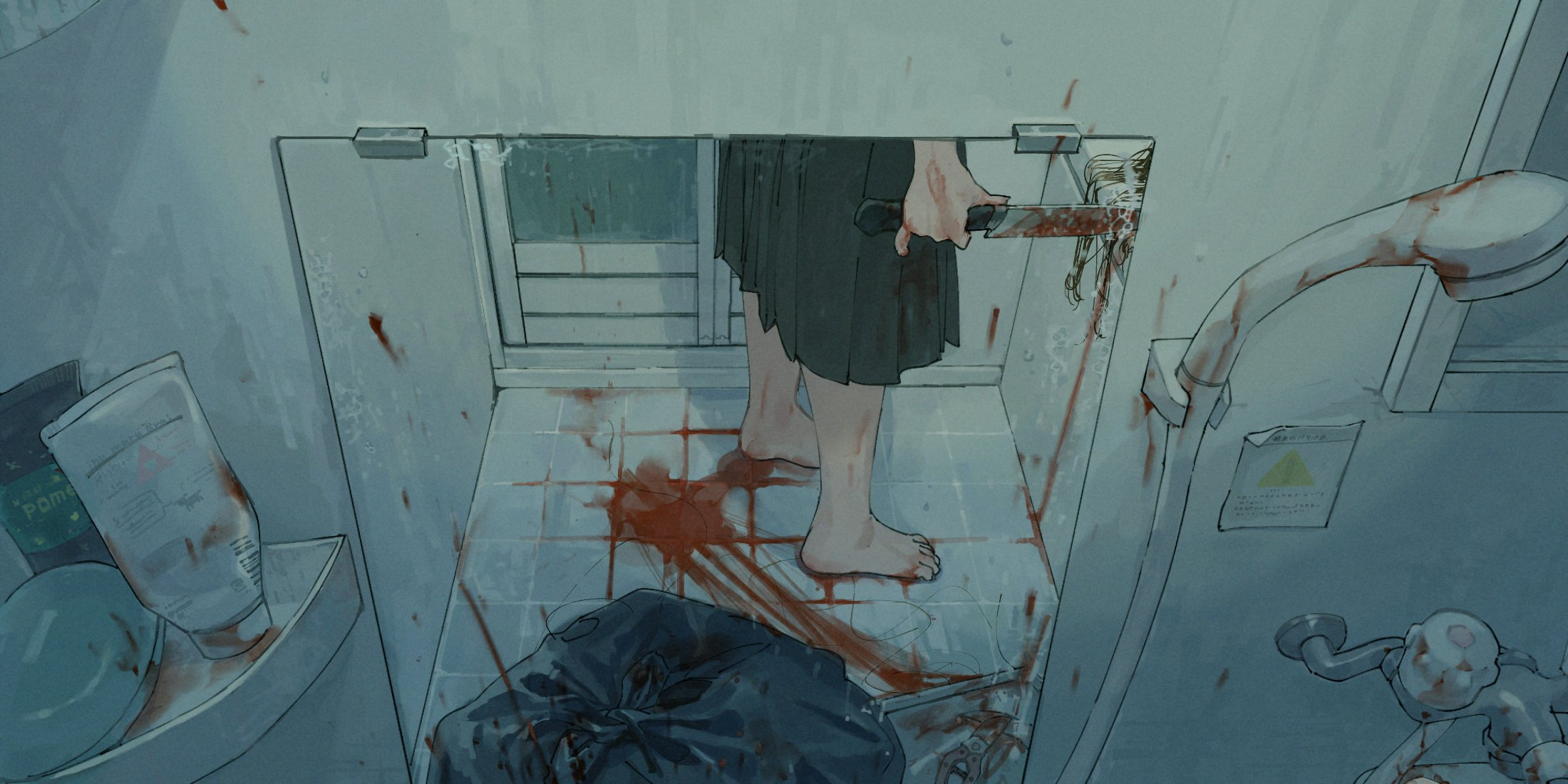 1girl barefoot bathroom blood bloody_knife corpse death gardening_shears highres holding holding_knife horror_(theme) implied_murder knife messy mirror pleated_skirt pomei_yoshino reflection sheath skirt trash_bag violence