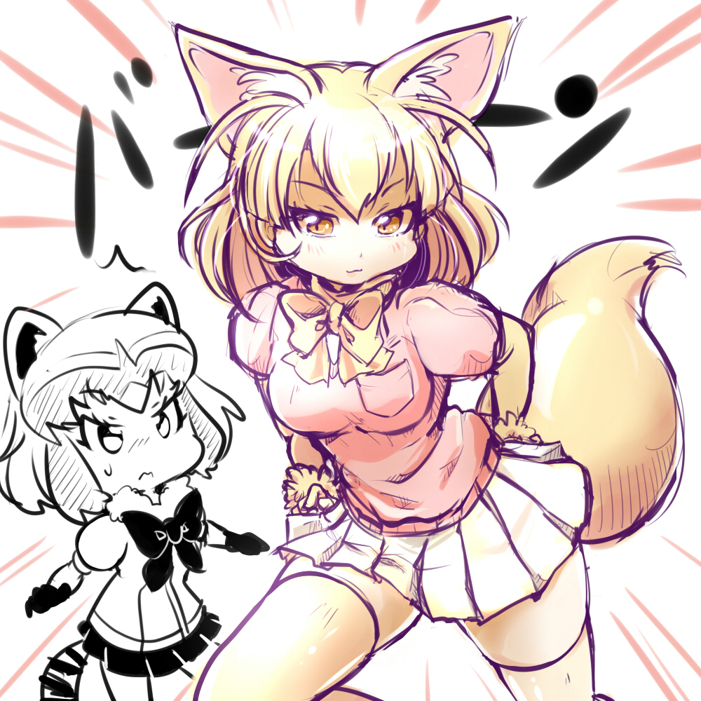 2girls :3 blonde_hair blush bow brown_eyes common_raccoon_(kemono_friends) emphasis_lines eyelashes fennec_(kemono_friends) fox_tail jojo_no_kimyou_na_bouken jojo_pose kemono_friends multiple_girls pink_shirt pleated_skirt pose_request shirt short_hair skindentation skirt tail temetemetomo thighhighs white_skirt white_thighhighs yellow_bow