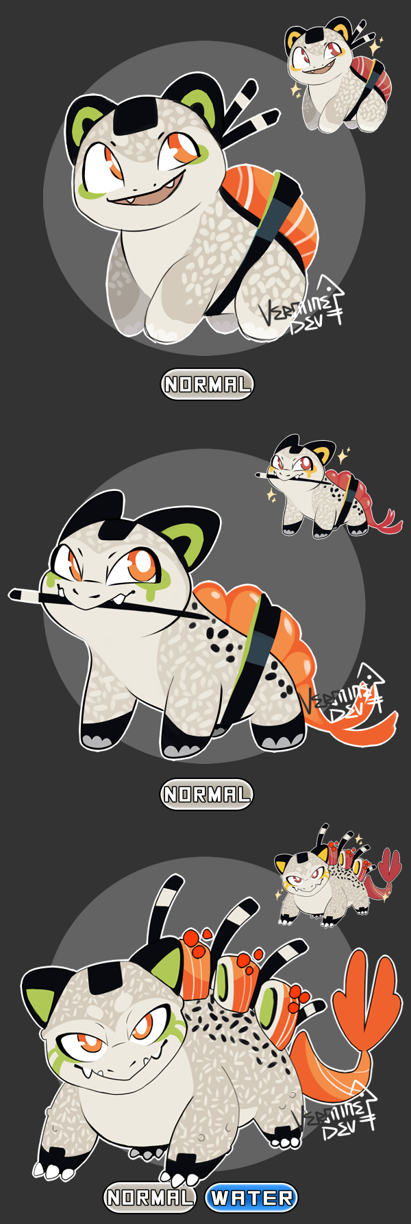 alternate_color alternate_shiny_pokemon bulbasaur claws commentary fangs food food-themed_creature gen_1_pokemon grey_background highres ivysaur mouth_hold nintendo no_humans nostrils open_mouth orange_eyes pokemon pokemon_(creature) redesign signature sushi venusaur verminedev