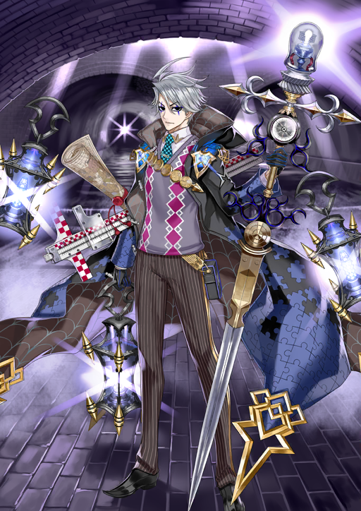 1boy ahoge aqua_necktie arm_at_side black_coat black_eyes black_gloves black_shoes blue_cloak brown_coat brown_pants checkered_necktie cloak closed_mouth coat collared_shirt compass_(instrument) diffraction_spikes expressionless fate/grand_order fate_(series) floating floating_clothes floating_object full_body game_cg gloves grey_hair hair_between_eyes hand_up holding holding_lantern holding_staff honjou_raita hood hood_down hooded_coat james_moriarty_(ruler)_(fate) lantern layered_sleeves legs_apart lightning_ahoge long_coat long_sleeves looking_at_viewer makeup male_focus map_(object) necktie official_art open_clothes open_coat oversized_object pants pinstripe_pants pinstripe_pattern purple_background purple_sweater_vest puzzle_piece_print shirt shoes short_hair solo sparkle spider_web_print staff standing sweater_vest swept_bangs t-square third-party_source two-sided_cloak two-sided_coat two-sided_fabric v-neck white_shirt wing_collar