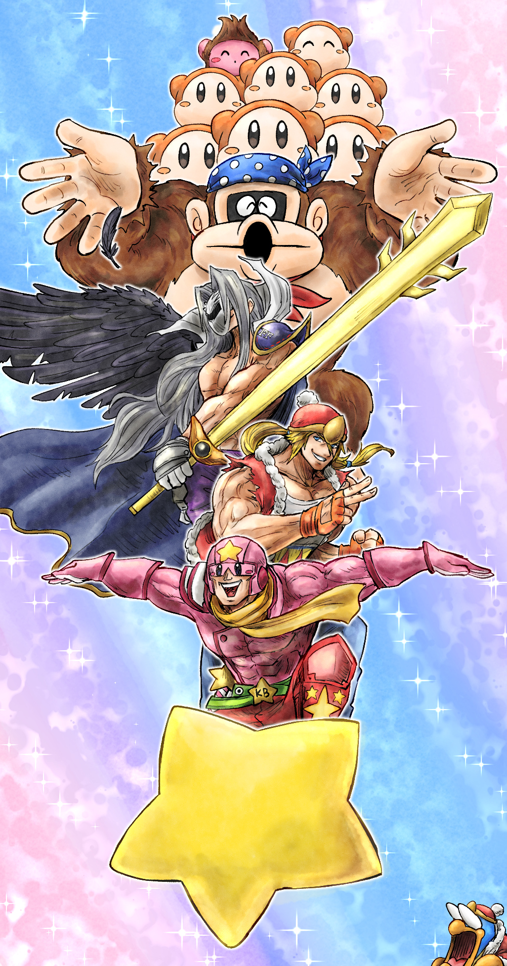 armor bandana bandana_waddle_dee bandana_waddle_dee_(cosplay) blonde_hair blue_bandana blue_eyes blush_stickers captain_falcon copy_ability cosplay donkey_kong donkey_kong_(cosplay) donkey_kong_(series) f-zero fatal_fury final_fantasy final_fantasy_vii fingerless_gloves galaxia_(sword) gloves gorilla helmet highres holding holding_sword holding_weapon kicdon king_dedede king_dedede_(cosplay) kirby kirby&#039;s_return_to_dream_land kirby_(cosplay) kirby_(series) male_focus mask meta_knight meta_knight_(cosplay) nintendo open_mouth pauldrons pink_helmet pom_pom_(clothes) scarf sephiroth shoulder_armor single_pauldron sparkle star_(symbol) super_smash_bros. sword terry_bogard toned toned_male waddle_dee warp_star weapon yellow_scarf