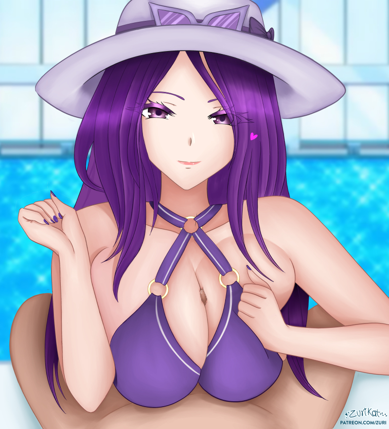 1boy 1girl bikini bikini_top_only breast_press breasts breasts_squeezed_together caitlyn_(league_of_legends) cleavage eye_contact eyewear_on_head glasses grabbing_another&#039;s_breast groping hat heart hetero large_breasts league_of_legends looking_at_another looking_at_viewer nail_polish paizuri paizuri_under_clothes pool pool_party_caitlyn poolside pov purple_eyes purple_hair purple_nails ribbon solo_focus sunglasses_on_head swimsuit zurikat