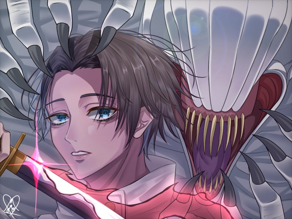 1boy brown_hair cursed_spirit_(jujutsu_kaisen) glint holding holding_sword holding_weapon jujutsu_kaisen katana looking_at_viewer male_focus momo_(aiueoaiueoaoi) monster okkotsu_yuuta open_mouth orimoto_rika short_hair sword weapon