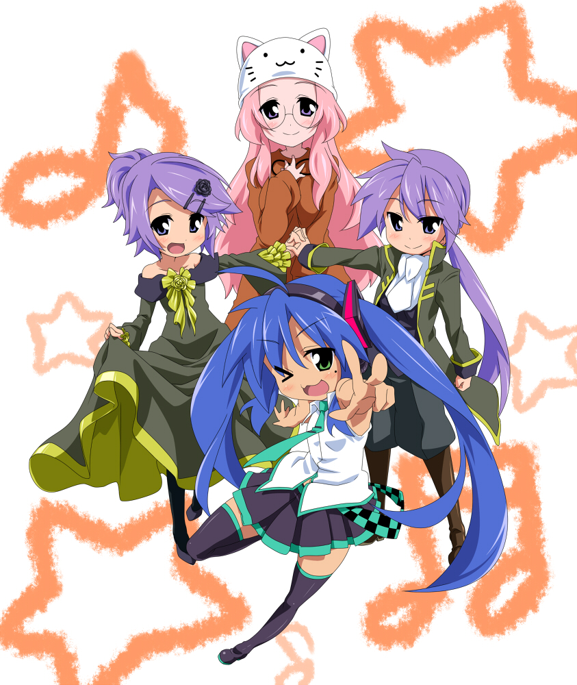 4girls :3 aku_no_meshitsukai_(vocaloid) aku_no_musume_(vocaloid) alternate_hairstyle black_socks blue_hair blush boots clothes_lift cosplay dress dress_lift glasses green_eyes hair_ornament hairclip hand_on_another&#039;s_chest hand_on_own_chest hat hatsune_miku hatsune_miku_(cosplay) high_heels hiiragi_kagami hiiragi_tsukasa izumi_konata jacket kagamine_len kagamine_len_(cosplay) kagamine_rin kagamine_rin_(cosplay) knee_boots kneehighs lat_model_(mikumikudance) long_hair lucky_star megurine_luka megurine_luka_(cosplay) megurine_luka_(toeto) mole mole_under_eye multiple_girls necktie one_eye_closed open_mouth outstretched_hand own_hands_clasped own_hands_together pantyhose pink_hair pleated_skirt ponytail purple_eyes purple_hair shoes short_hair siblings sisters skirt skirt_hold smile socks strapless strapless_dress takara_miyuki takeya_yuuki thigh_boots thighhighs toeto_(vocaloid) twins twintails v very_long_hair vocaloid wink