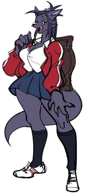 1girl black_legwear breasts female_focus full_body jacket red_jacket school_uniform skirt solo tail watatanza white_background