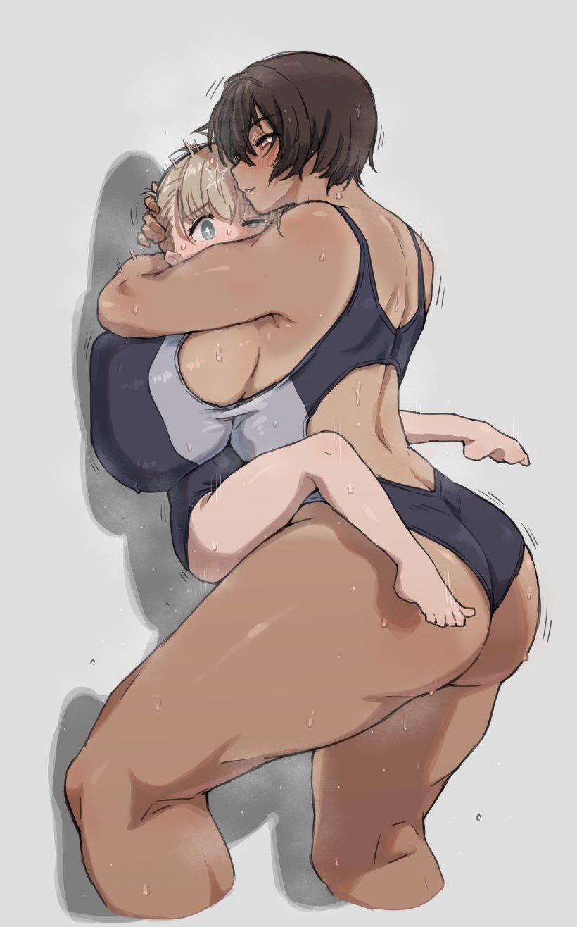 2girls black_hair blonde_hair blue_eyes breasts brown_hair carrying carrying_person dark-skinned_female dark_skin height_difference highres huge_breasts kei_(m_k) large_breasts lifting_person long_hair m_k multiple_girls original red_eyes rika_(m_k) school_swimsuit short_hair simple_background standing sweat swimsuit tall_female taller_female tan tomboy wife_and_wife yuri