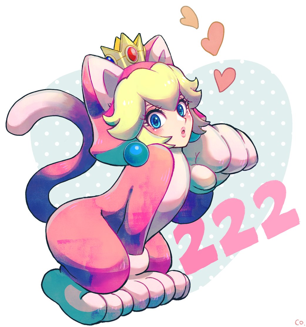 1girl blonde_hair blue_eyes cat_peach co_co_mg crown earrings heart looking_at_viewer mario_(series) nintendo open_mouth princess_peach simple_background sphere_earrings super_bell_(transformation) super_mario_3d_world